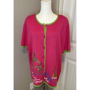Breckenridge Womens Petite Cardigan Sweater Embellished Sailboats‎ Tropical XL